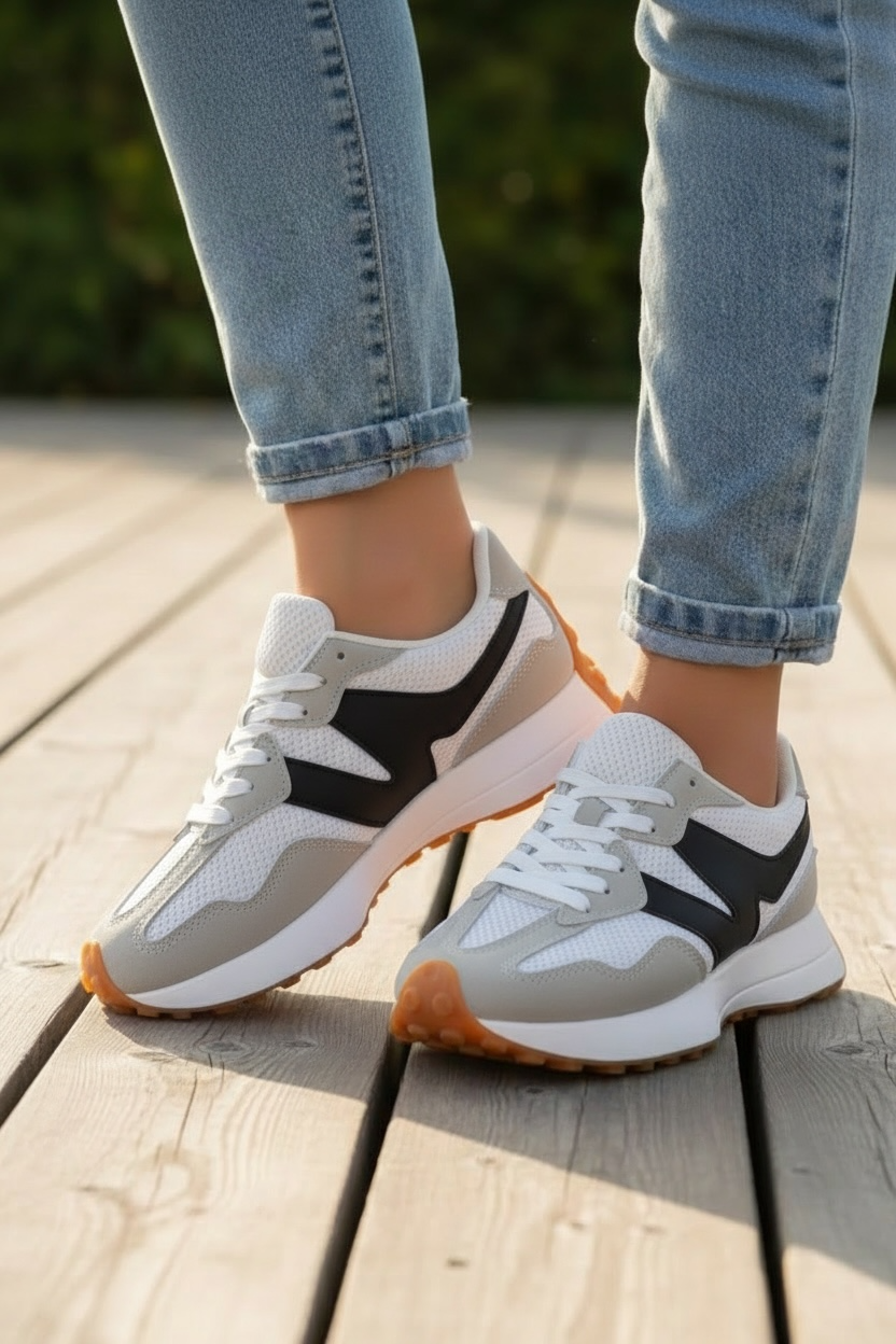 Adidași de damă alb cu gri din piele ecologica Panda