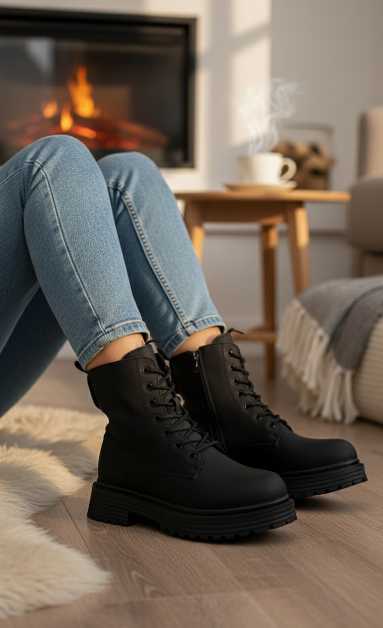 Ghete negre casual cu șiret și fermoar lateral Dark