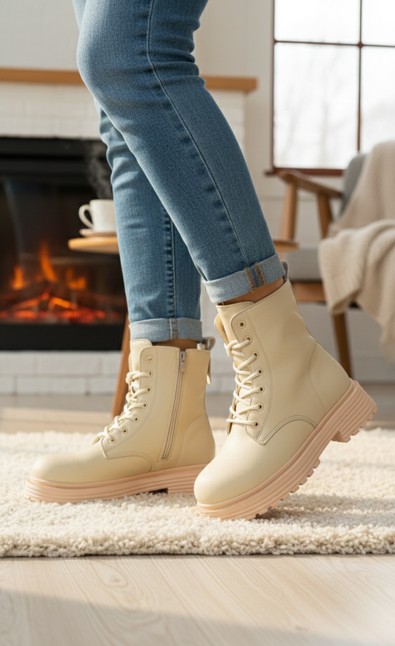 Ghete crem casual cu șiret și fermoar lateral Dark