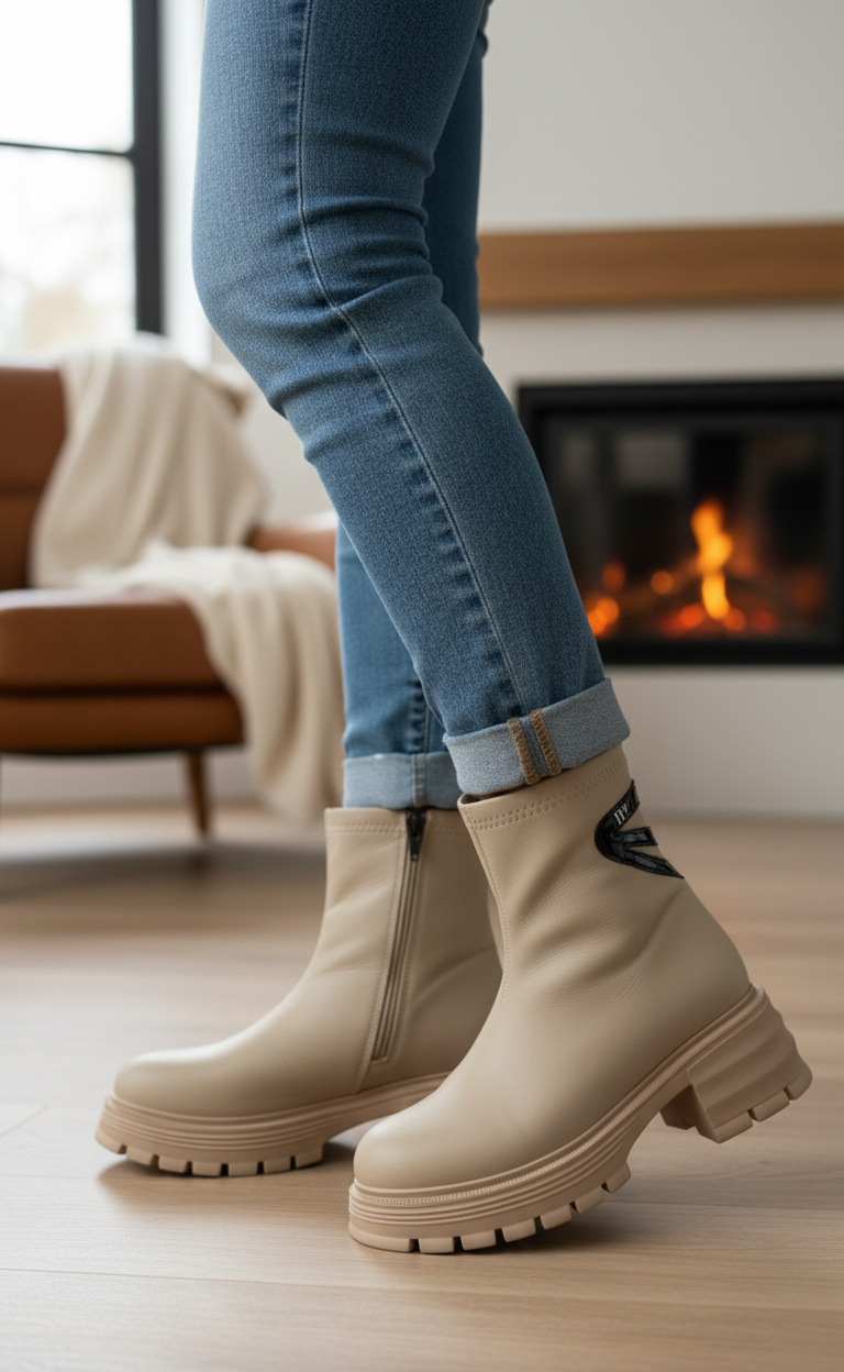 Ghete crem casual cu fermoar lateral Diva