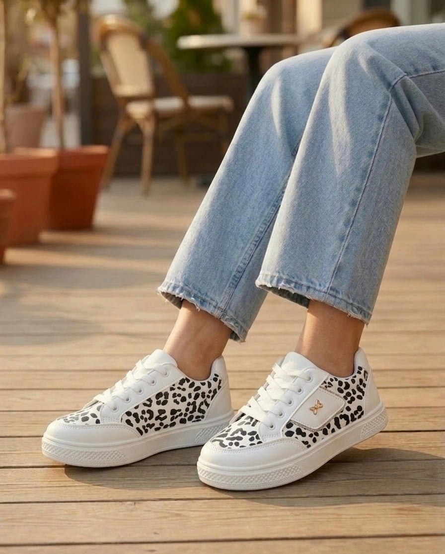 Teniși damă din piele ecologică albă Leopardo