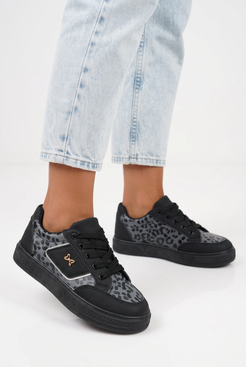 Teniși damă din piele ecologică neagra Leopardo